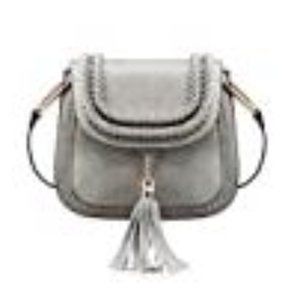 Crossbody Saddle Shoulder Bag with Vintage Tassel in Soft Gray